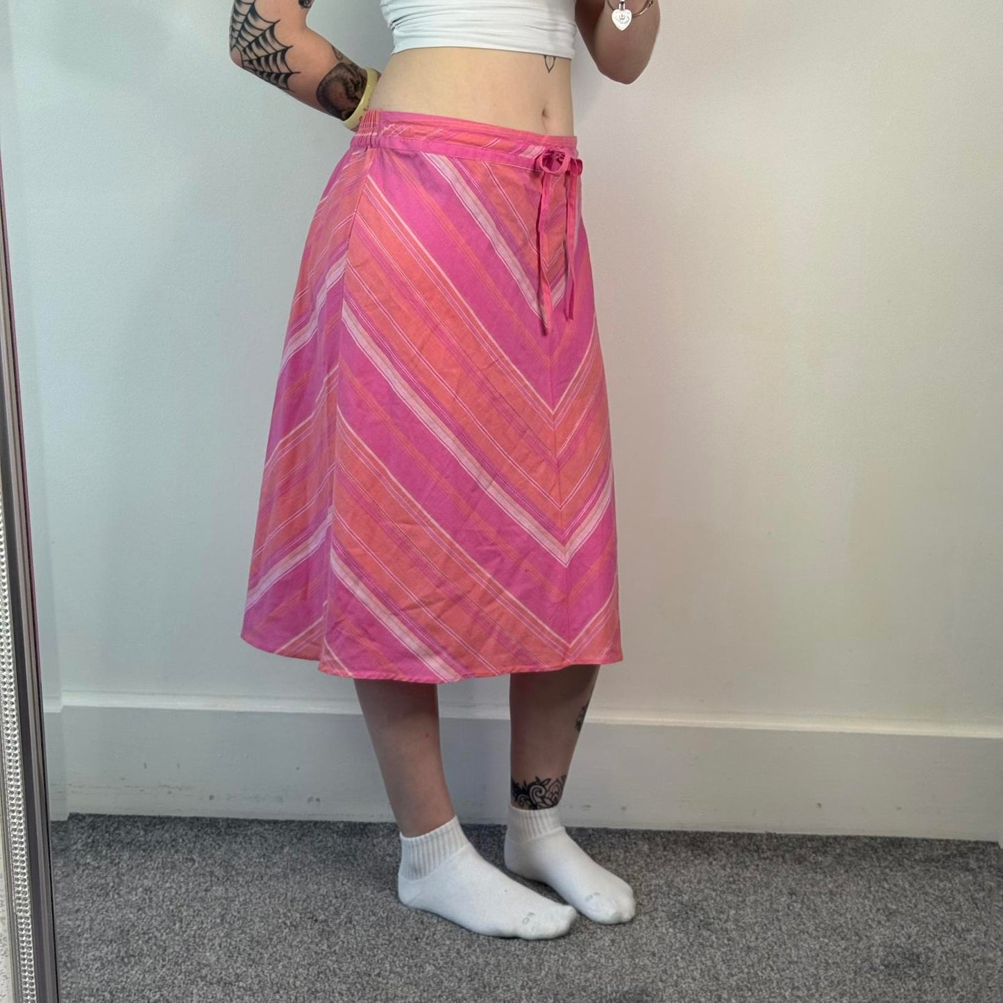 Y2K vintage stripe bow midi skirt stretchy waistband knee length lightweight