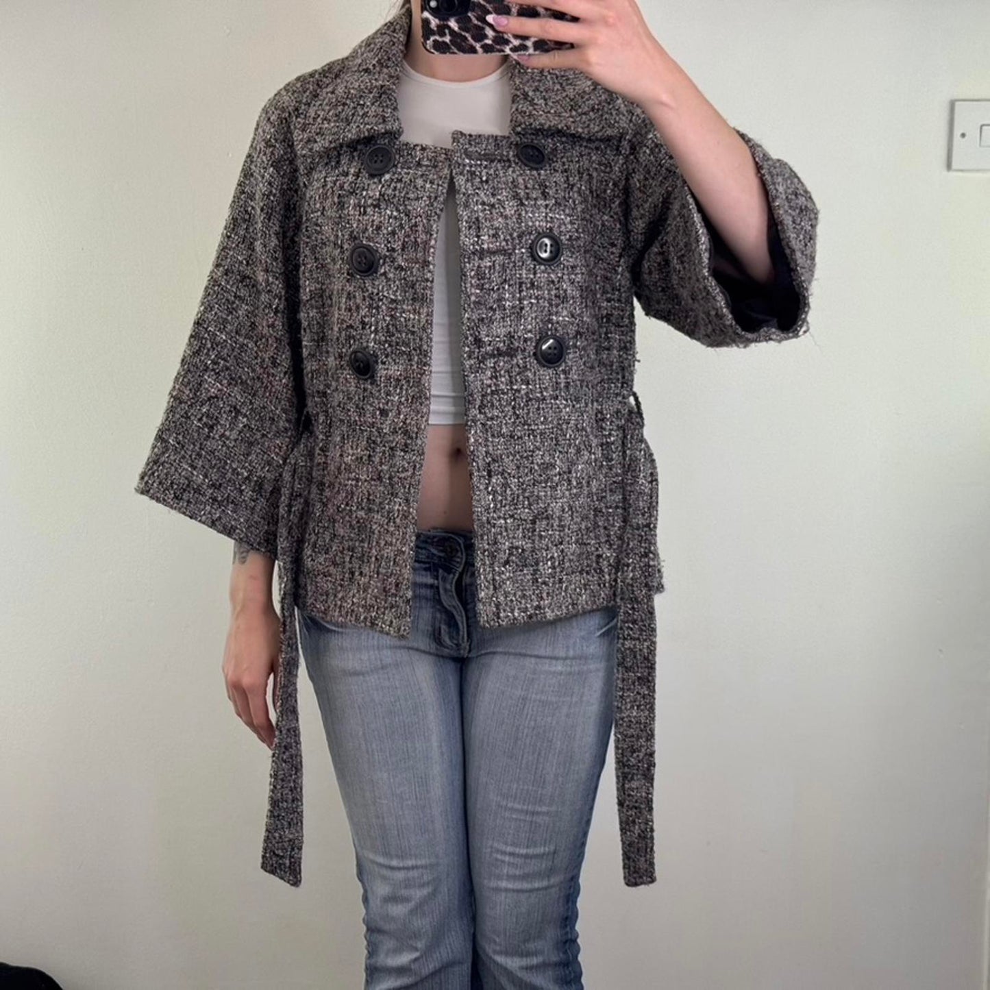 Y2K vintage wool blend pea coat jacket flare 3/4 sleeve with belt button up