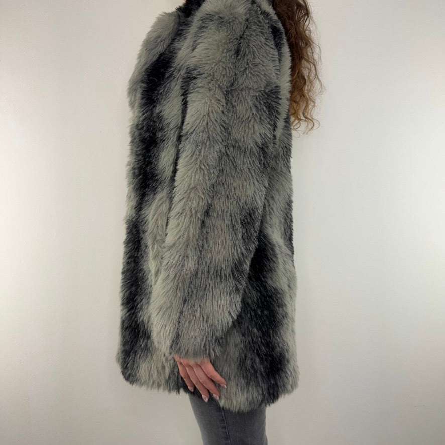 Y2K vintage faux fur long coat grey black stripe mid length collared pockets