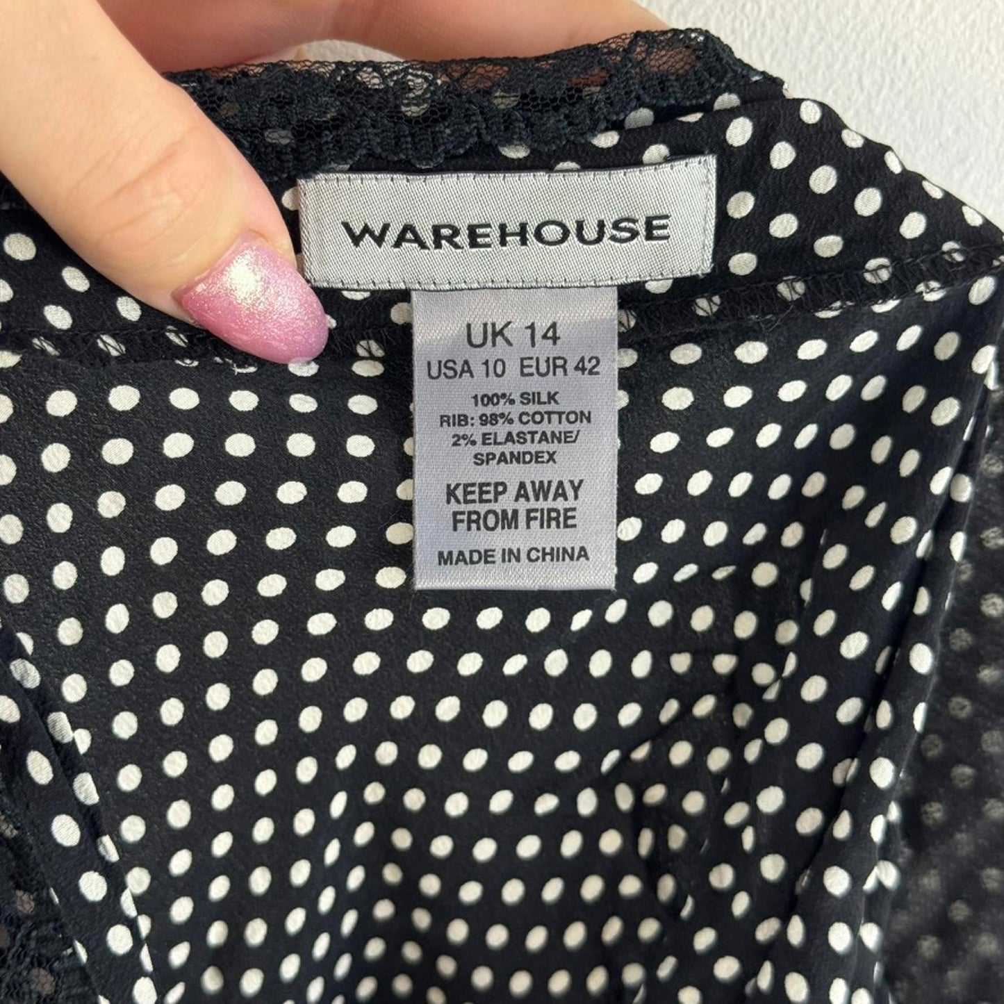 Y2K vintage 100% silk polka dot elastic waistband cami top lace trim black white