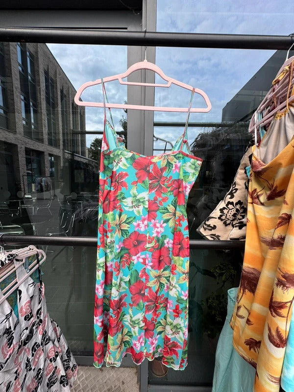 Vintage 2000s mesh mini dress floral hibiscus lilies print
