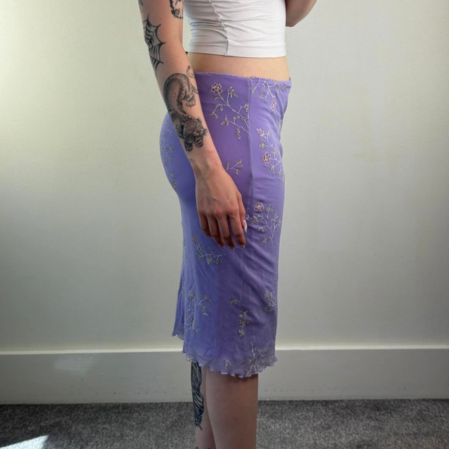 Y2K vintage lilac mesh ditsy floral midi skirt double layered lettuce hem