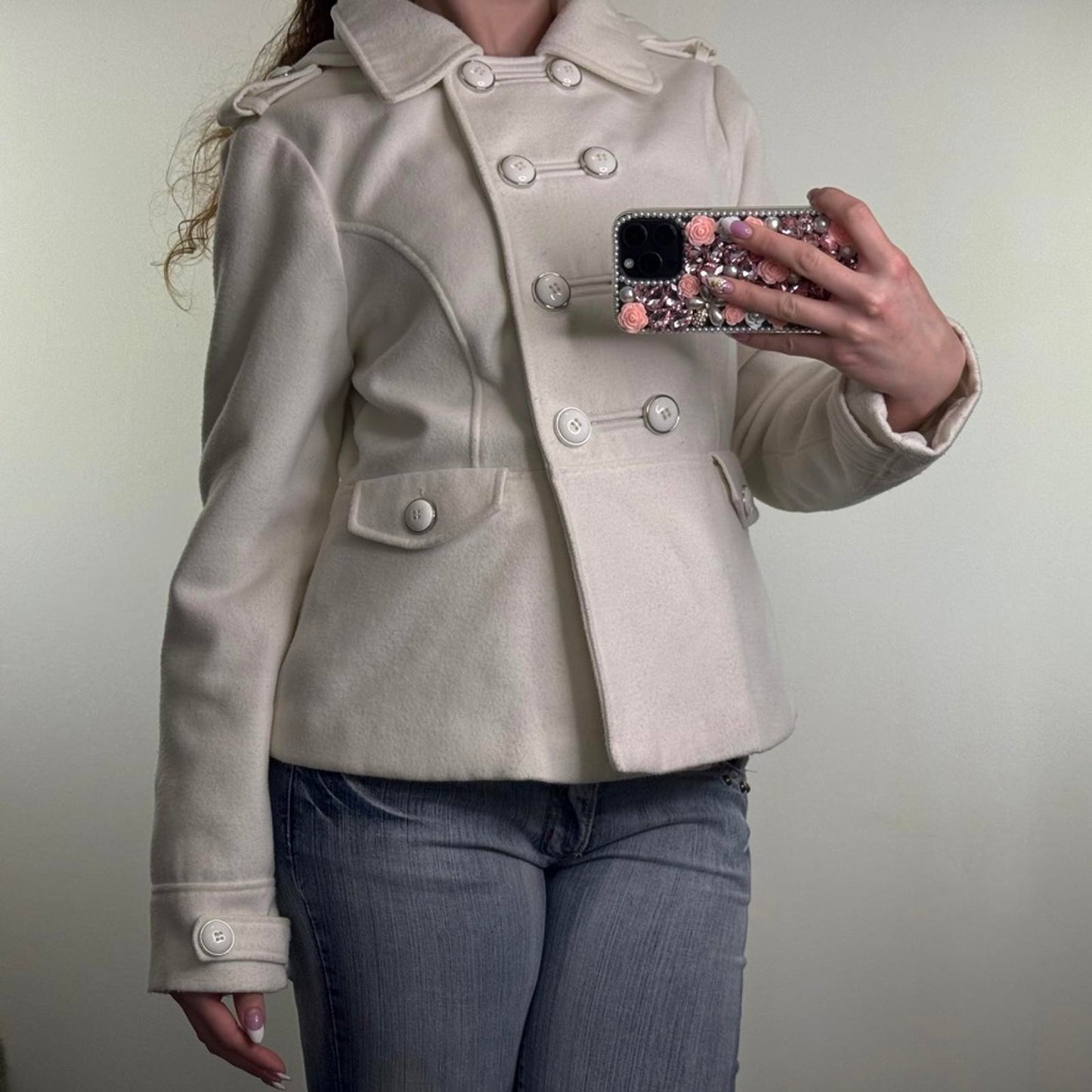 Y2K vintage wool blend pea coat button hood military short jacket