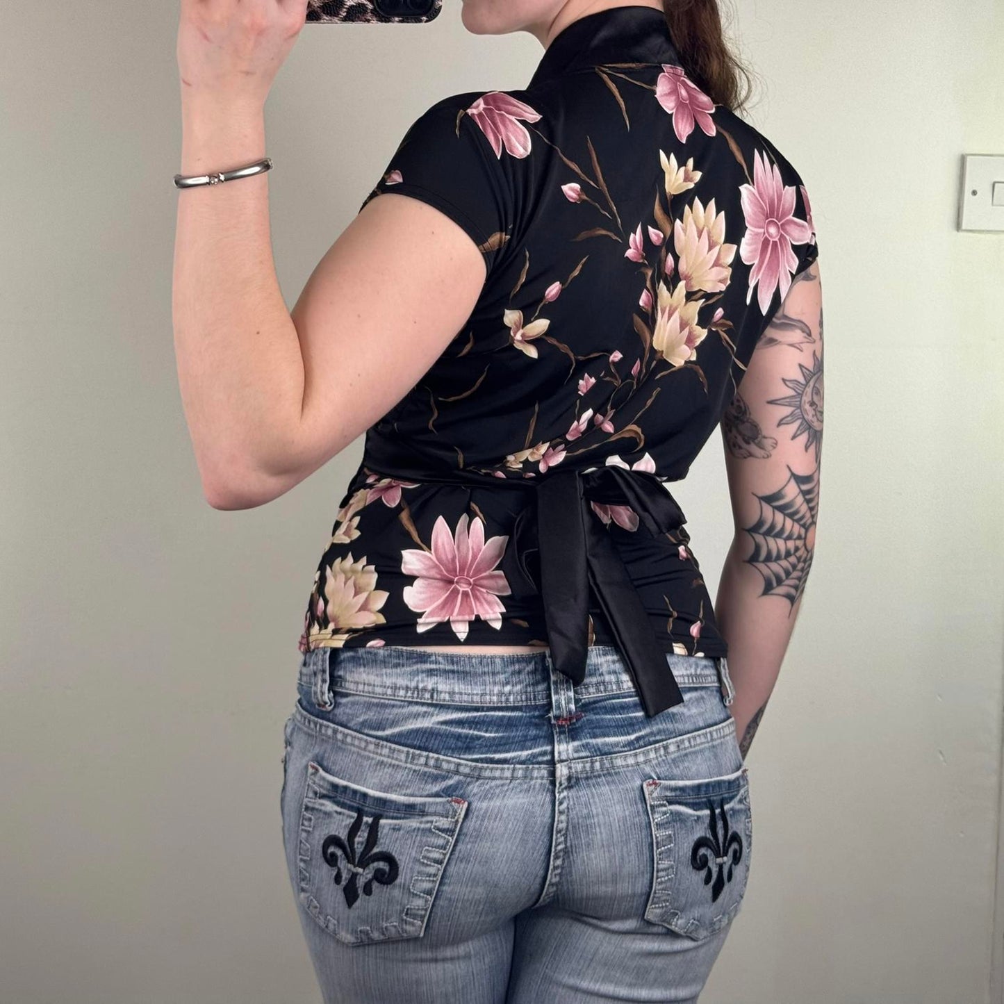 Y2K vintage slinky floral stretchy cap short sleeve top deep v neck tie back bow