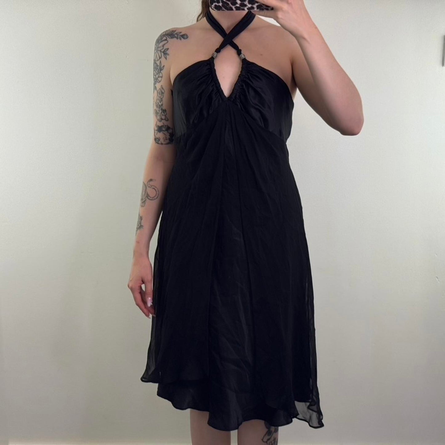 Y2K vintage 100% silk halter neck midi dress open front a line lightweight