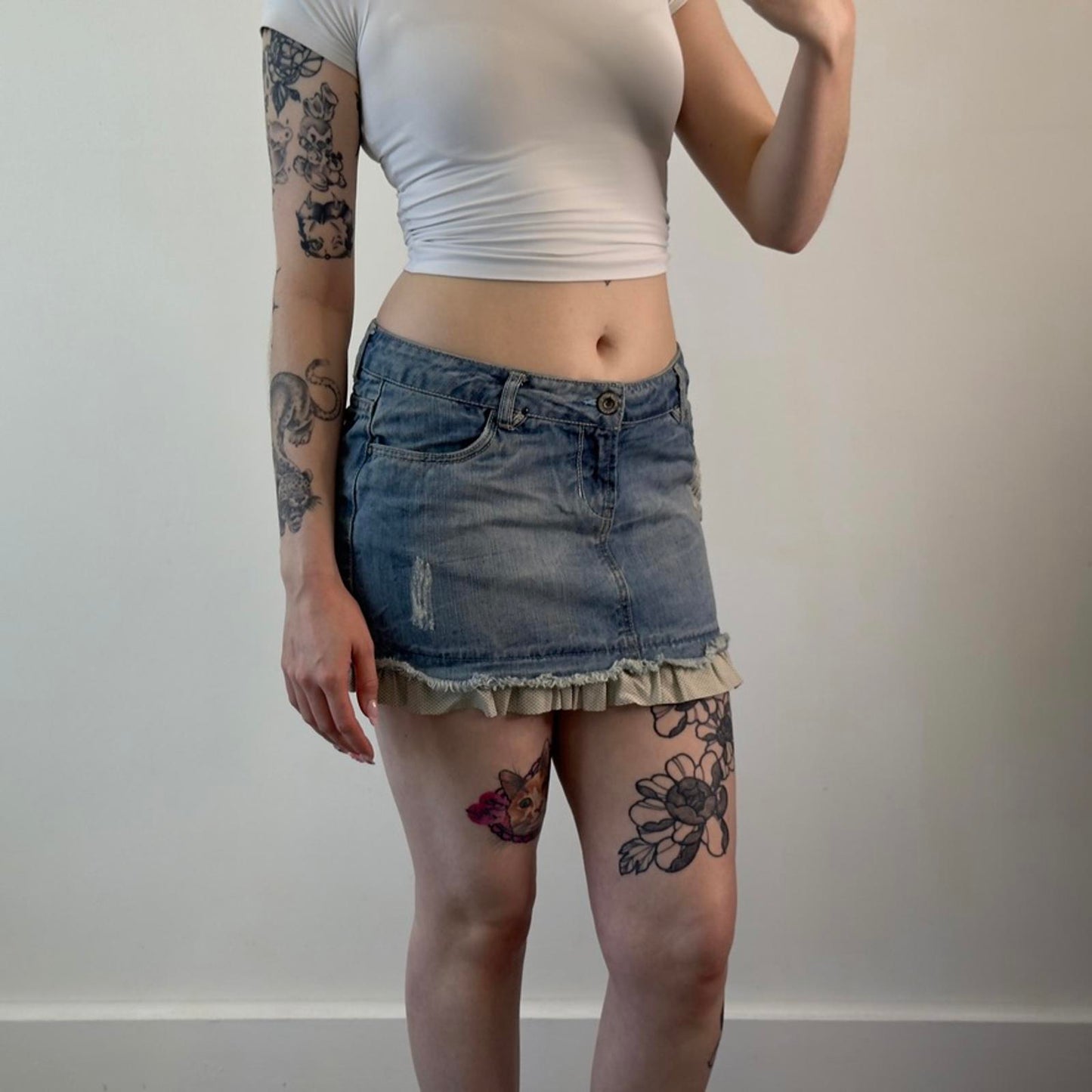 Y2K vintage polka dot hem distressed denim mini skirt coquette summer mid rise