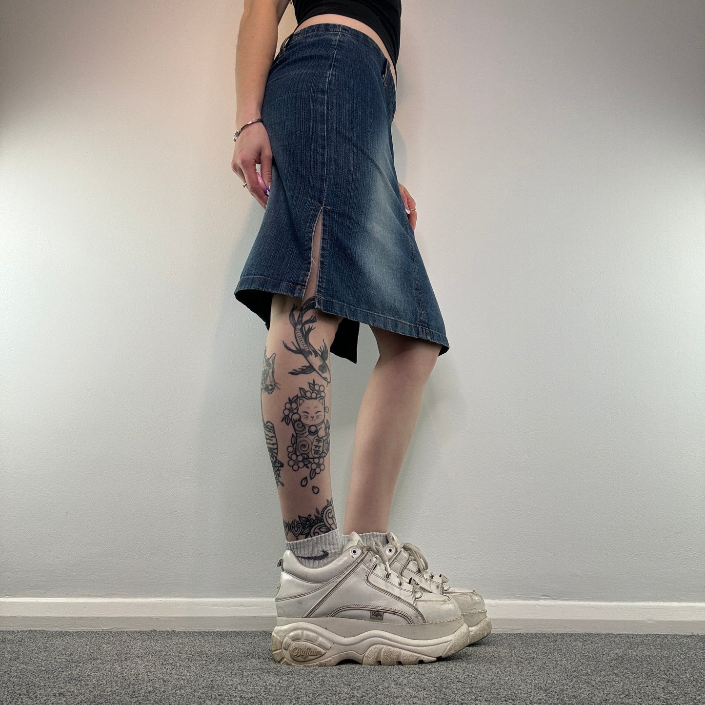 Y2K faded denim midi skirt