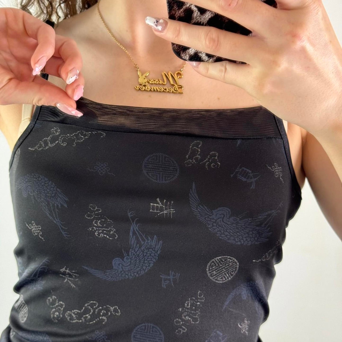 Y2K vintage Tammy mesh cami top oriental pattern square neck heron text