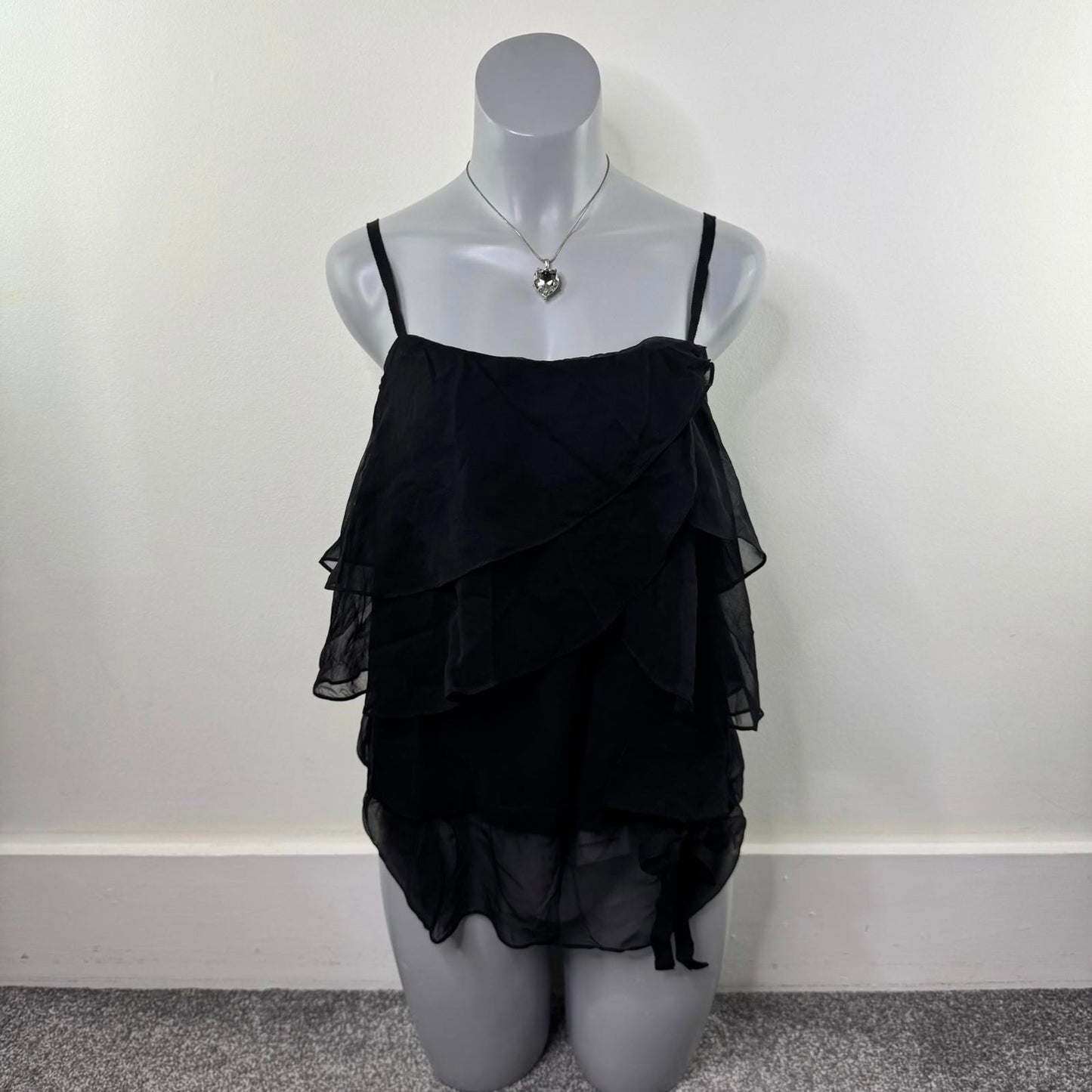 Y2K vintage 100% silk cami top ruffle elastic hem strappy bow layered tiered