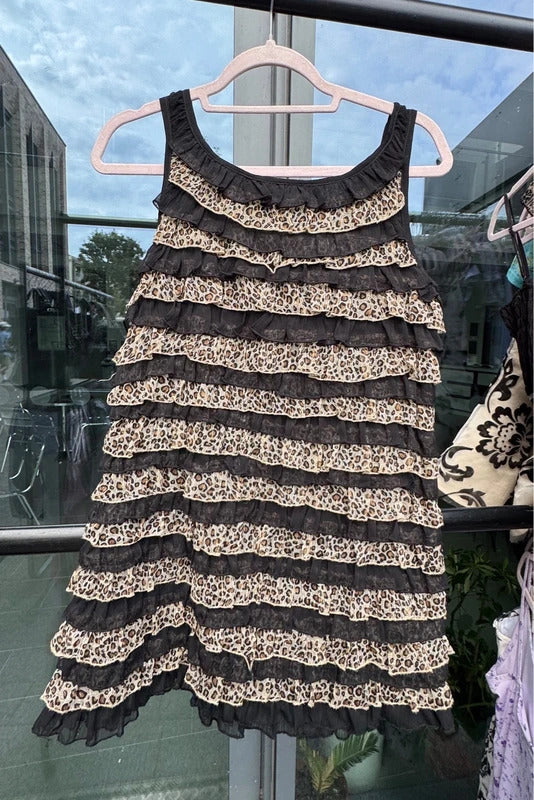 Vintage 2000s frill mini dress babydoll leopard print layered
