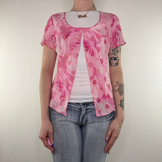 Y2K vintage silk top spotty floral rose open front scoop front cover up floaty