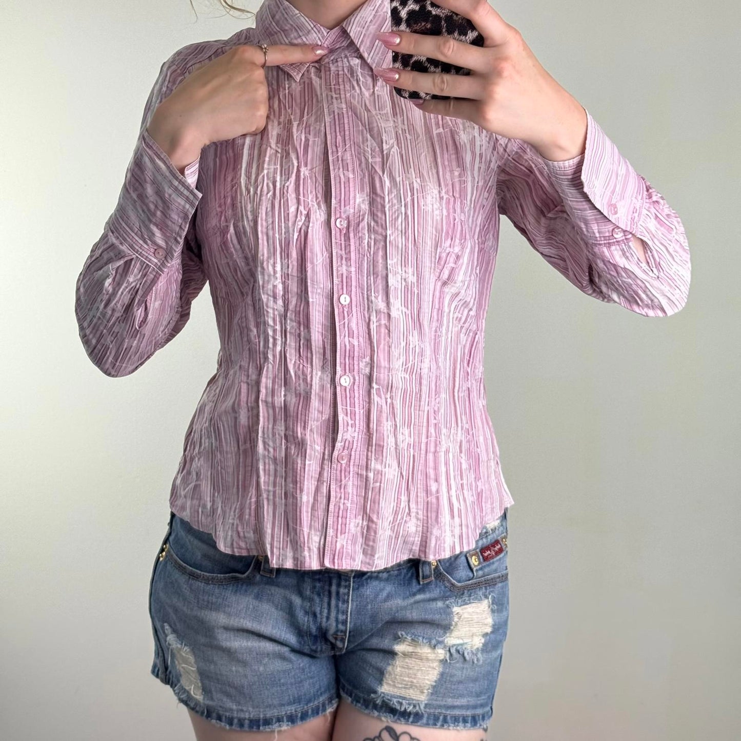 Y2K vintage pinstripe floral button up shirt long sleeve baby pink