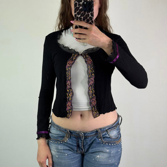 Y2K vintage floral trim cardigan hook and eye open front lettuce hem long sleeve