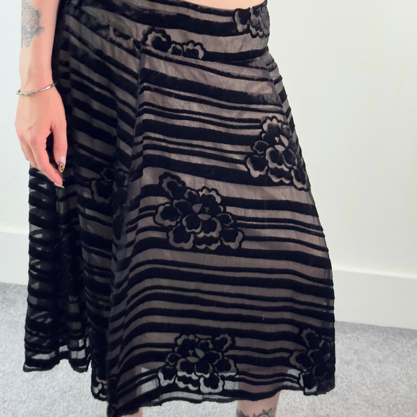 Y2K vintage part silk striped midi skirt a line black beige double overlay lined