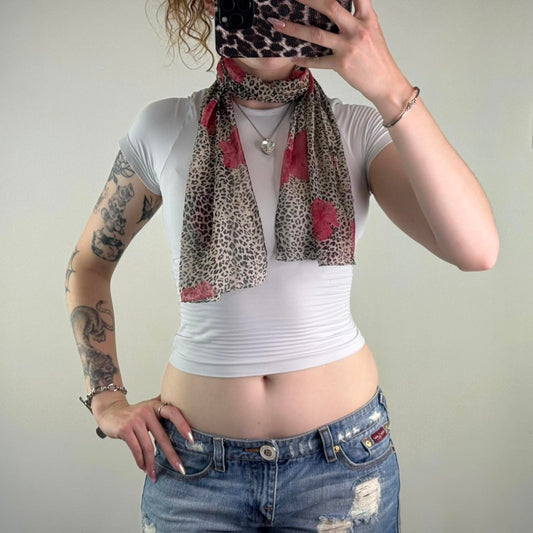 Y2K vintage leopard print hibiscus floral scarf sheer short pink cream short