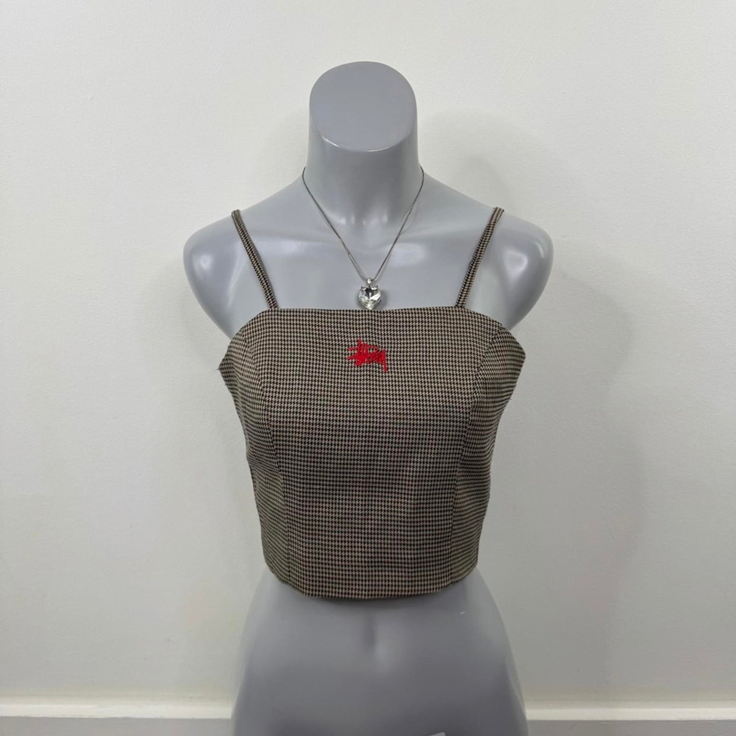 Stussy houndstooth crop top strappy spaghetti straps logo o ring zip up