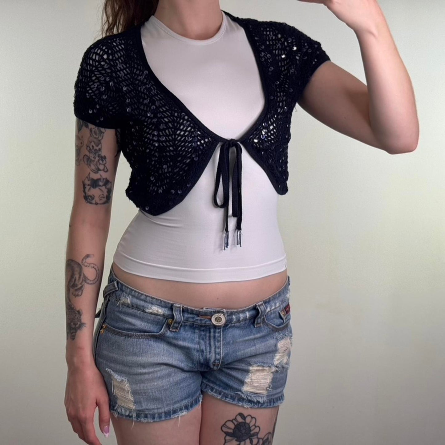 Y2K vintage crochet knit cropped cardigan short sleeve sequin tie bow front