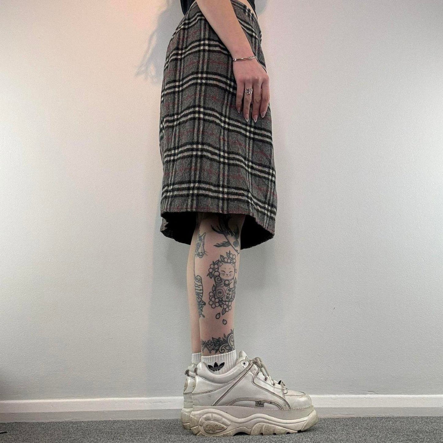 Y2K vintage wool nova check midi skirt knee length print grey