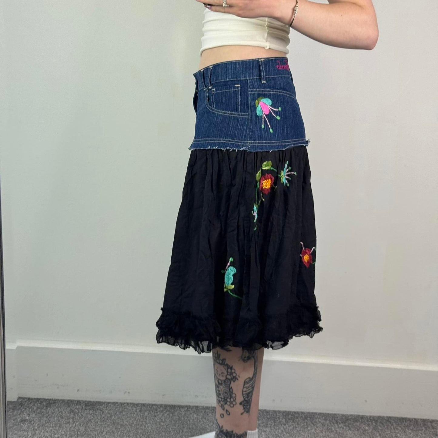 Y2K vintage boho denim cotton tiered embroidered midi skirt floral bird ruffle