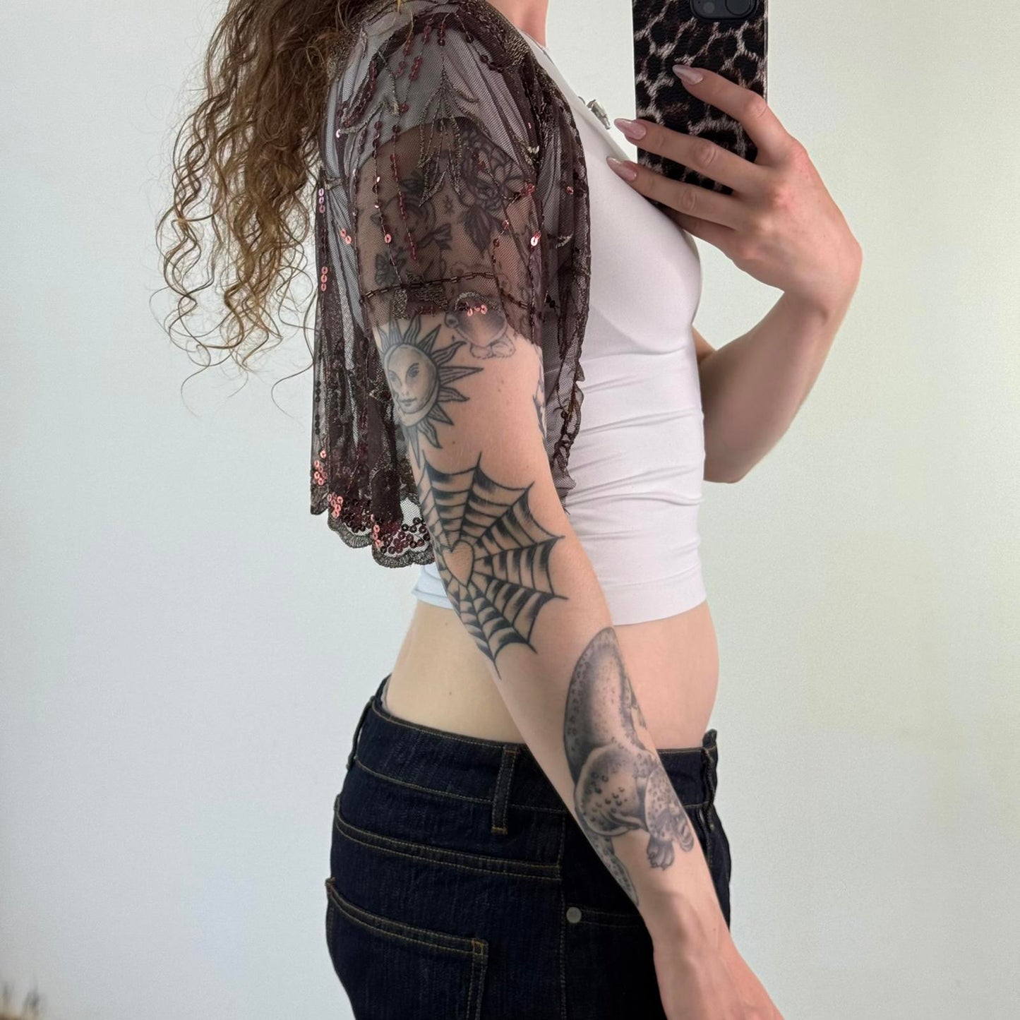 Y2K vintage mesh sequin cardigan short sleeve cropped open front scallop hem