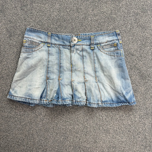 Y2K vintage low rise contrast stitch faded denim pleated mini skirt