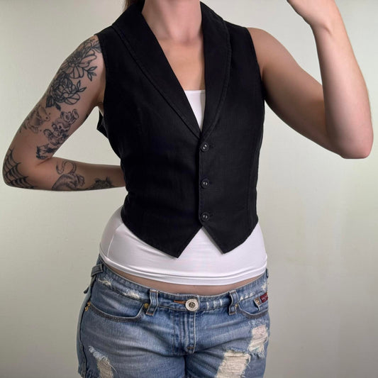 Y2K vintage pure 100% linen waistcoat top button up v neck black adjustable