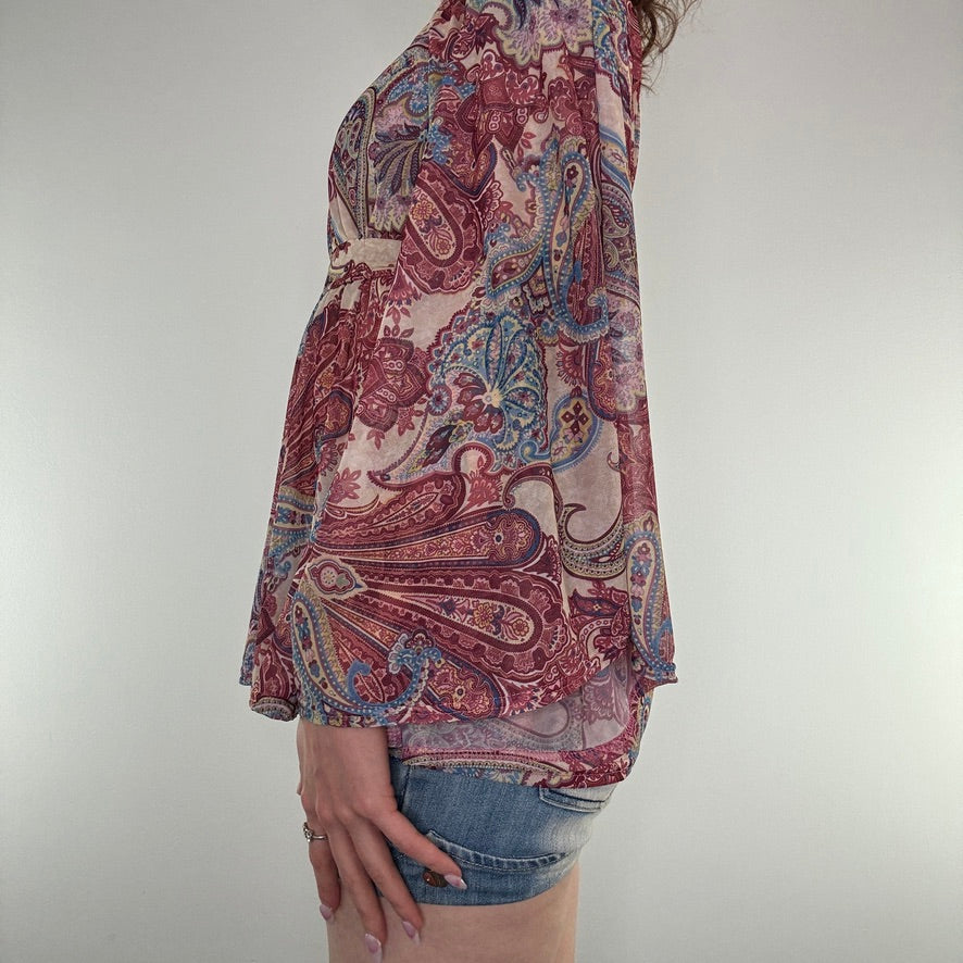 Y2K mesh paisley boho bow floaty top