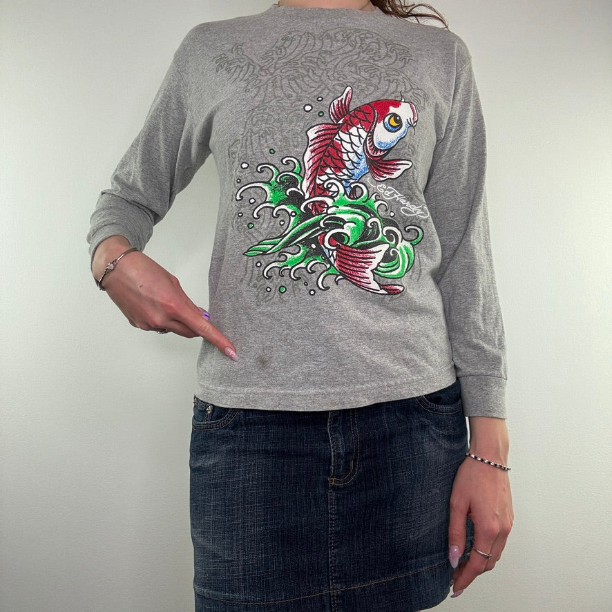 Y2K Ed Hardy koi carp graphic long sleeve top