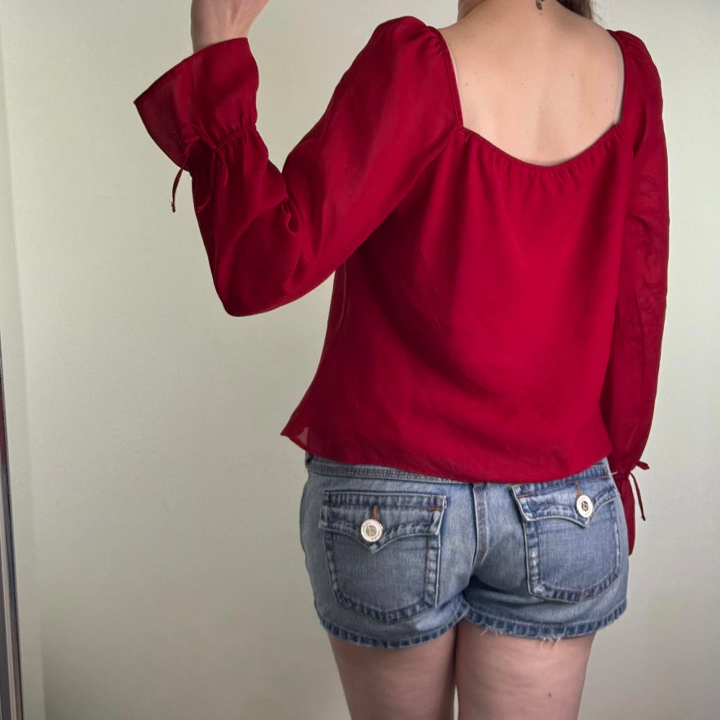 Y2K vintage long sleeve blouse milkmaid square neck top red ruched
