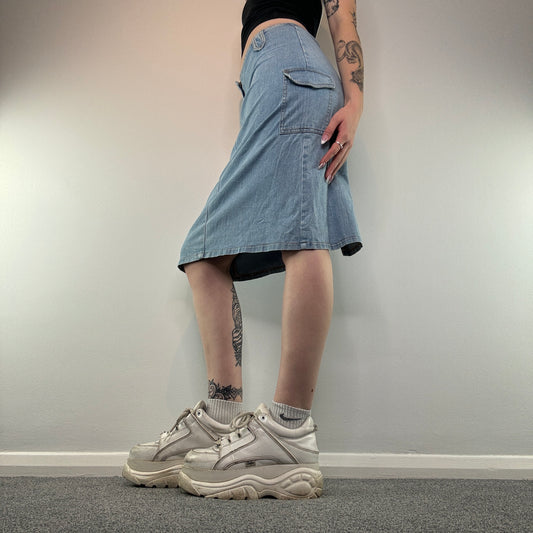 Y2K denim cargo midi skirt