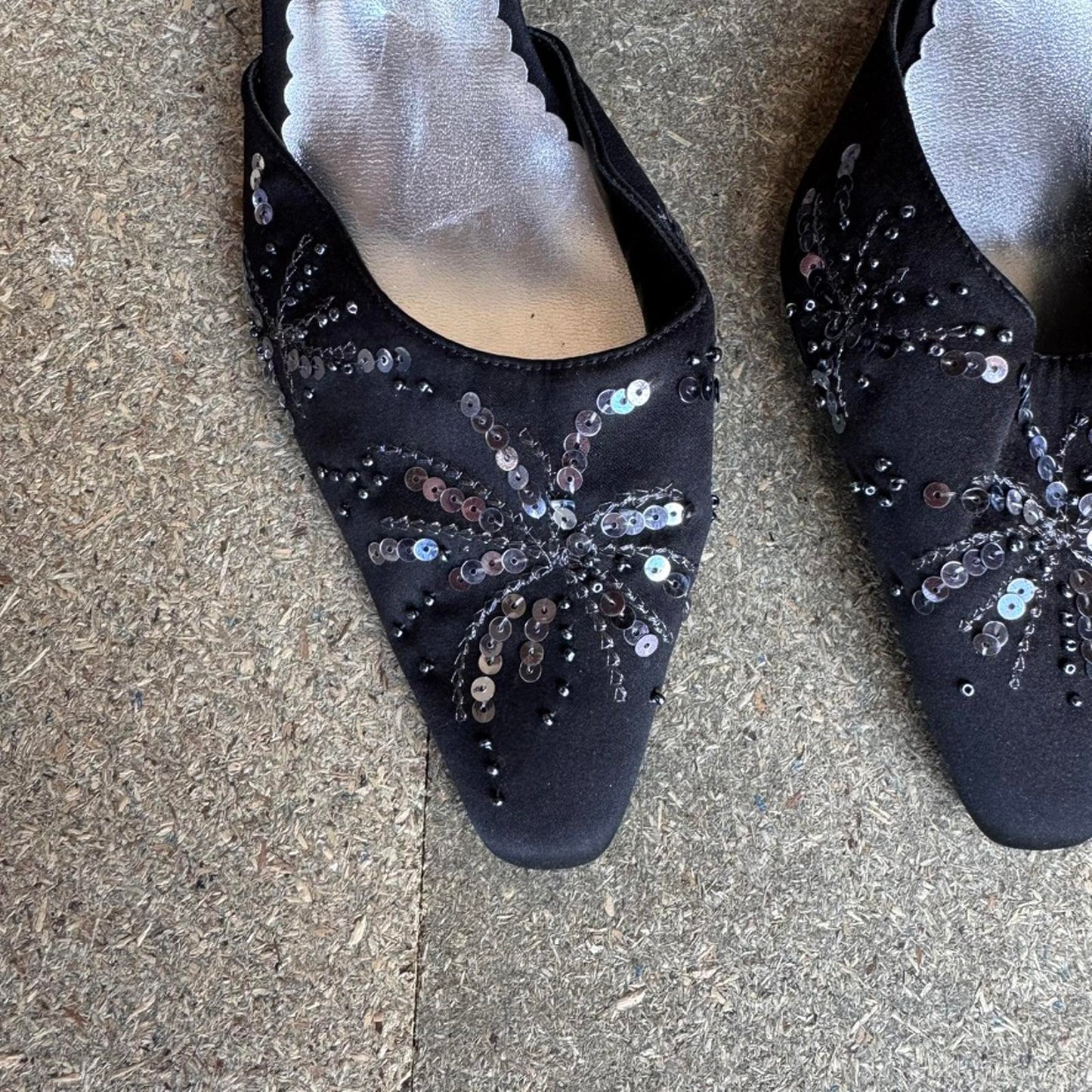 Y2K vintage kitten heel beaded embellished sequin ankle strap pointed toe satin