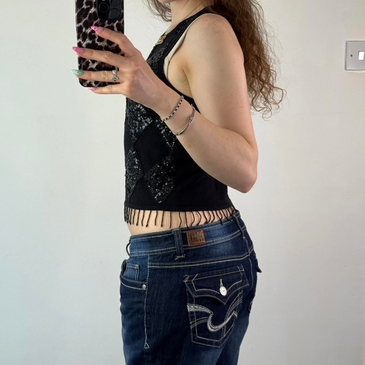 Y2K vintage fine knit sequin diamond tank top beaded tassel fringe high neck
