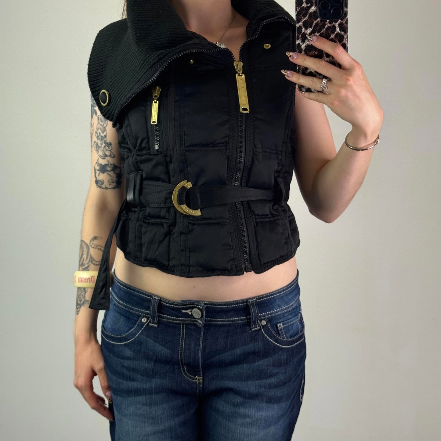Y2K vintage sleeveless puffer gilet body warmer asymmetrical zipper roll knit
