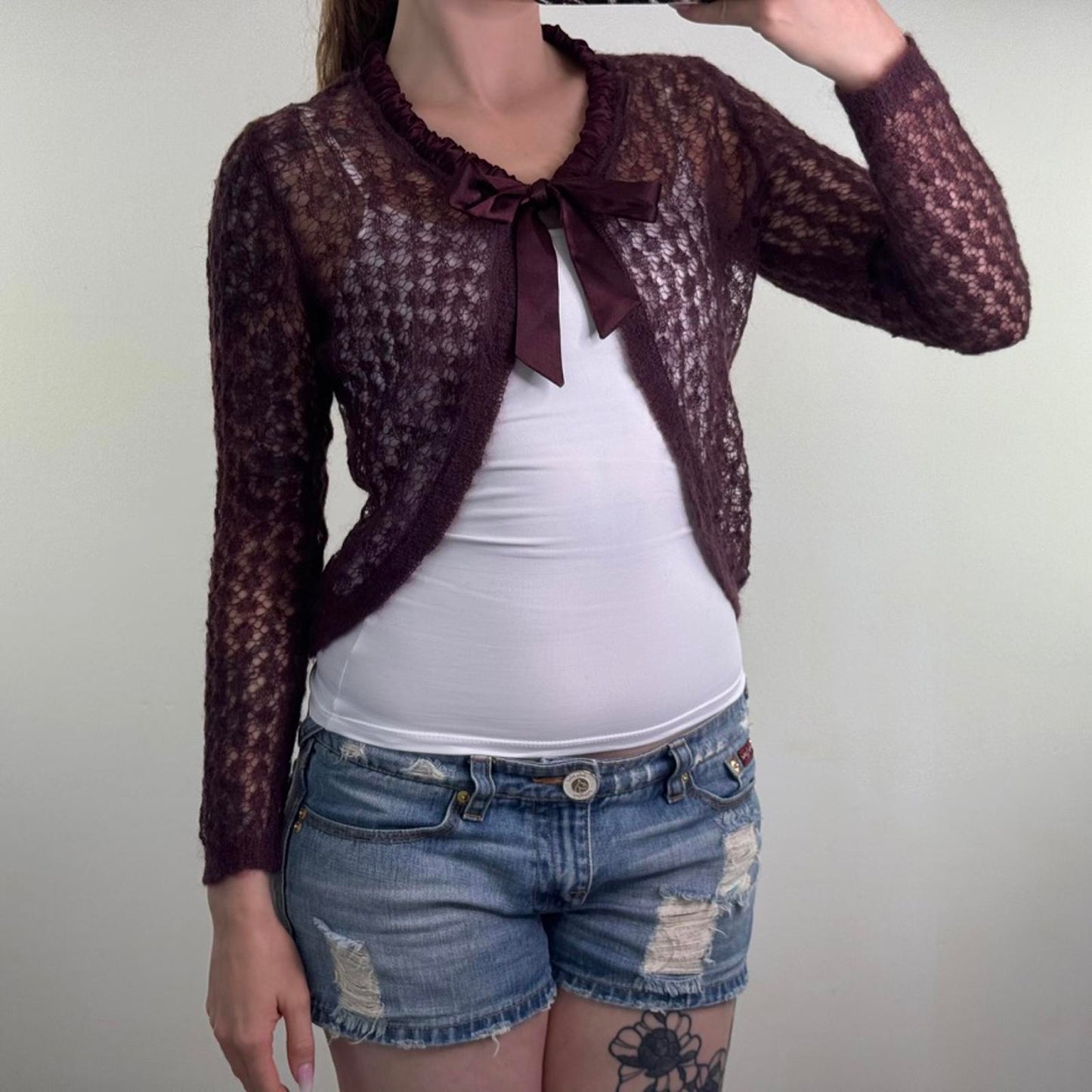 Y2K vintage knitted long sleeve short cardigan tie bow dark purple open front