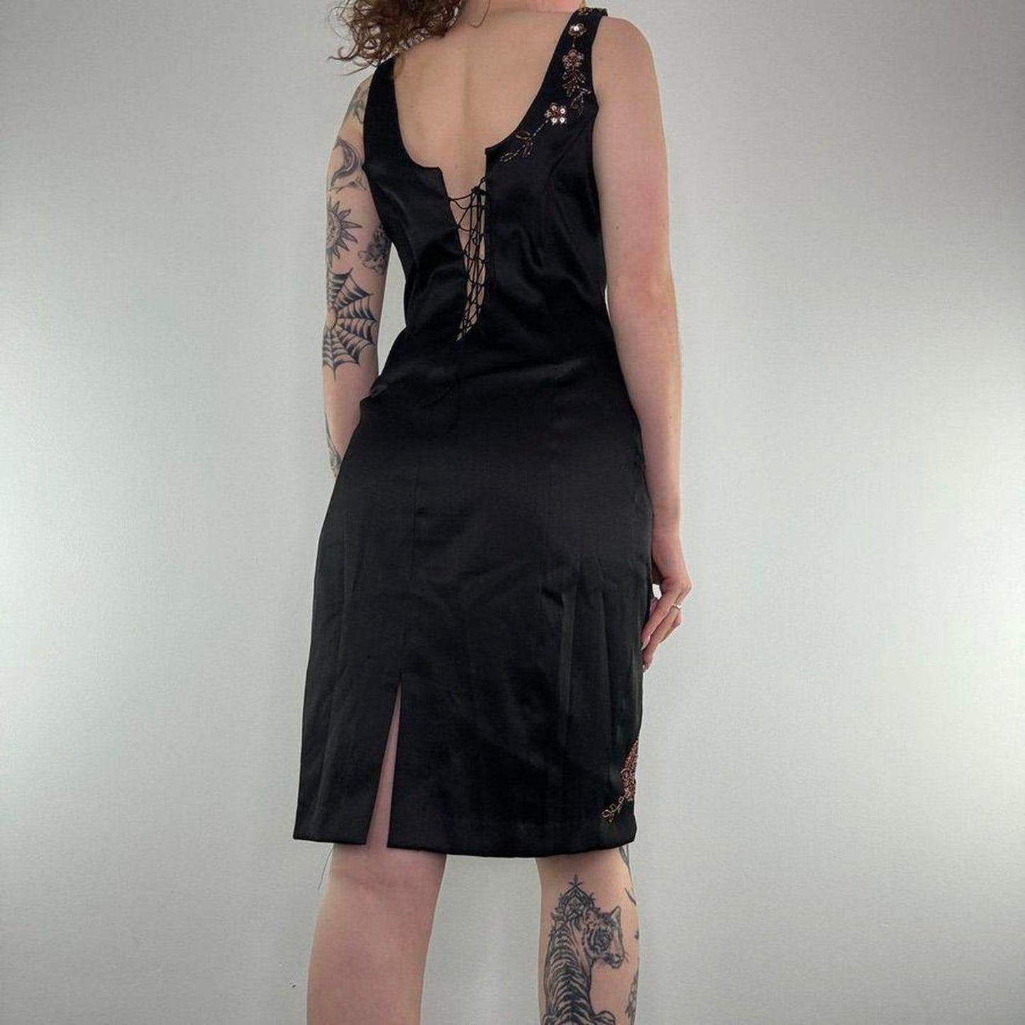 Y2K vintage satin style floral embroidered lace up midi dress fitted round neck