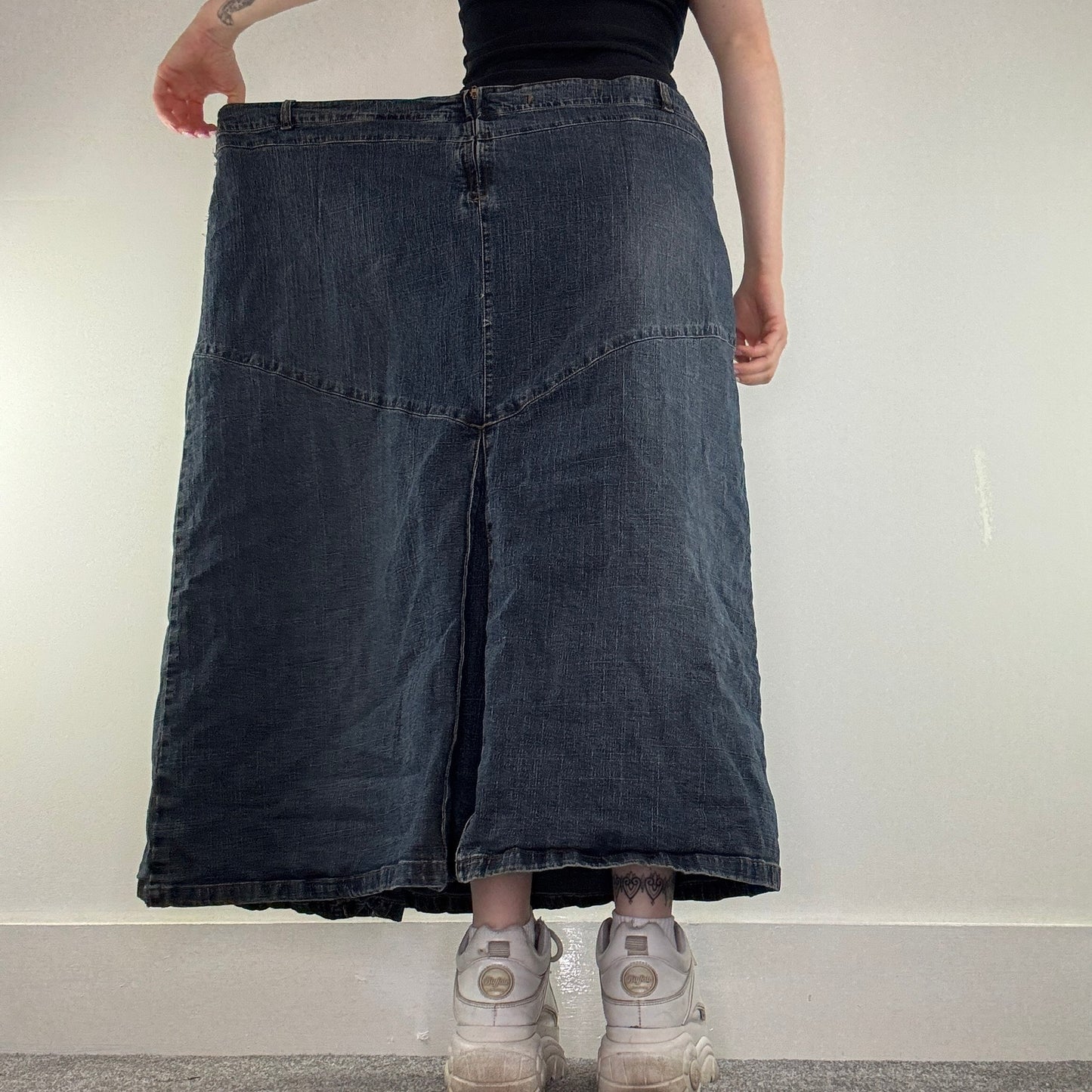 Y2K vintage denim maxi skirt stretchy asymmetrical pattern plus size