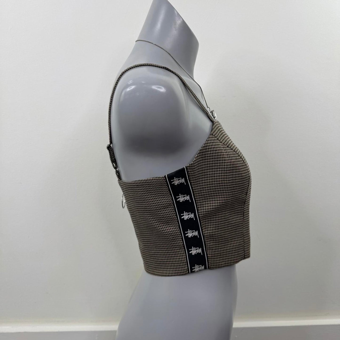 Stussy houndstooth crop top strappy spaghetti straps logo o ring zip up