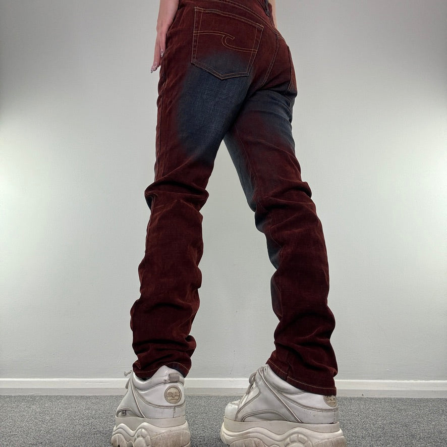 Y2K faded archive denim red suede straight leg mid rise jeans