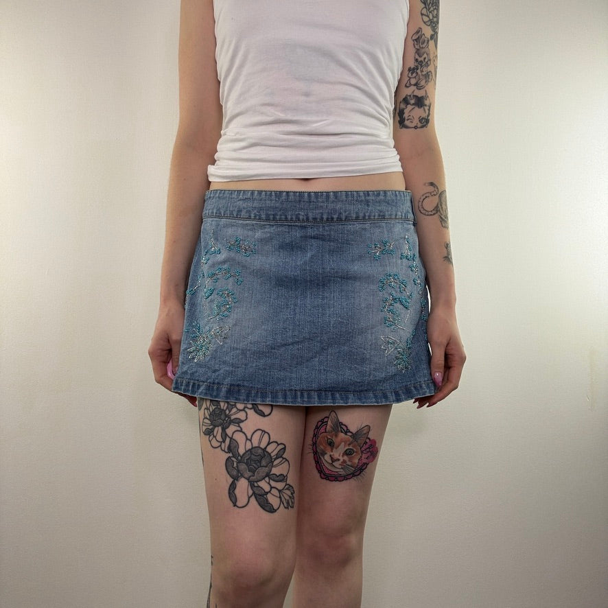 Y2K vintage low rise denim mini skirt floral beaded faded denim a line