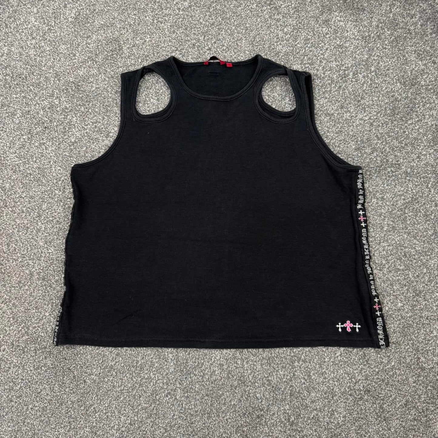 Y2K vintage tank top cut out cross old english text archive goth gothic stretchy