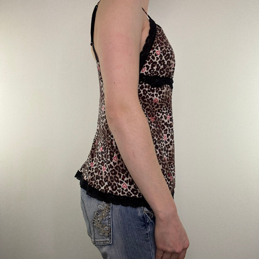 Y2K vintage leopard cami top padded bra built in support lace heart charm print