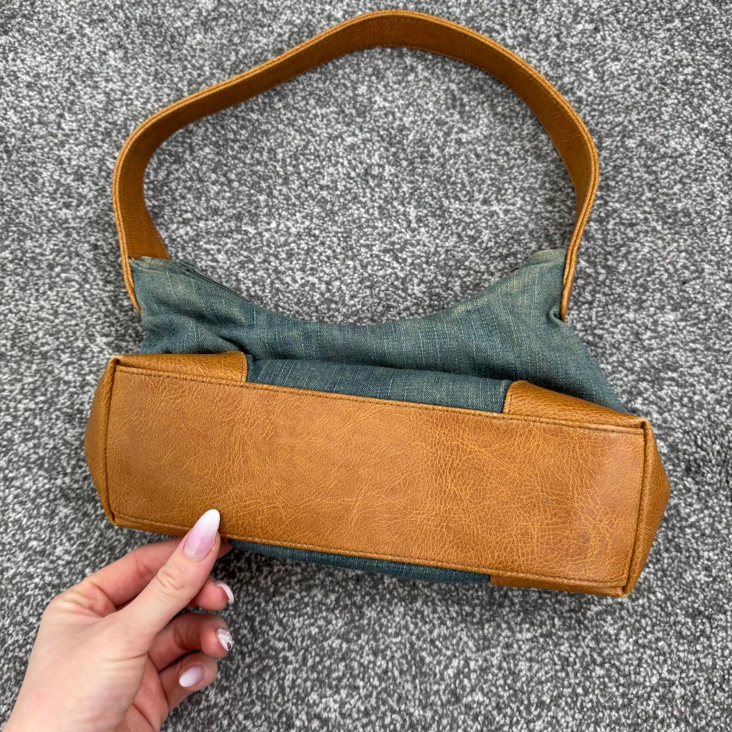 Y2K vintage denim faux leather mini shoulder bag zipper closure small blue brown