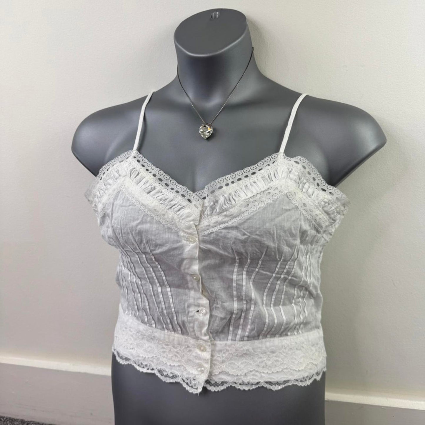 Y2K vintage coquette cotton cami top lace trim strappy button up