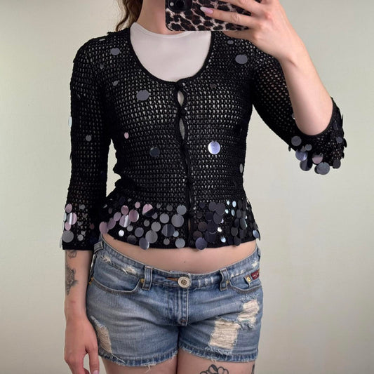 Y2K vintage crochet sequin embellished cardigan knit 3/4 sleeve scoop neck