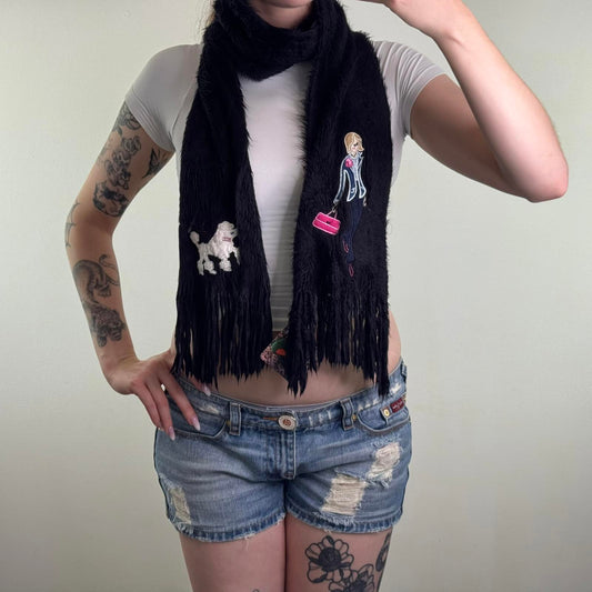 Y2K vintage fluffy faux fur scarf embroidered woman/ dog graphic tassel black