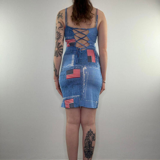 Y2K vintage USA mini dress America flag denim print mesh lace up back stretchy