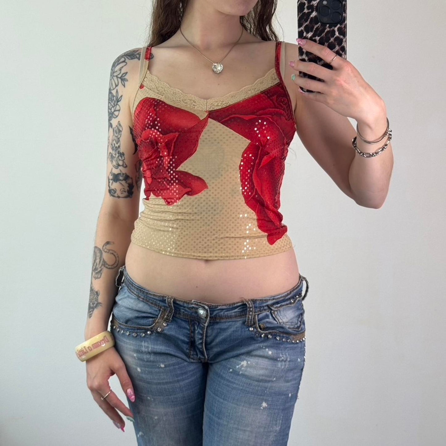 Y2K vintage shimmer floral slinky lace trim cropped cami top v neck