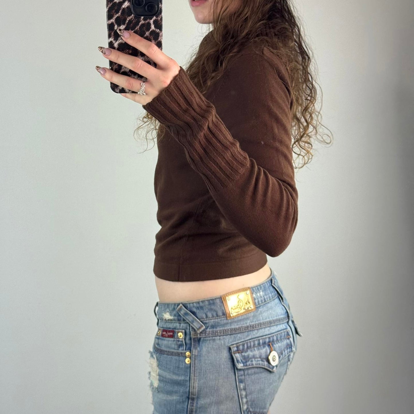 Y2K vintage fine knit roll neck jumper lightweight buttons ribbed brown