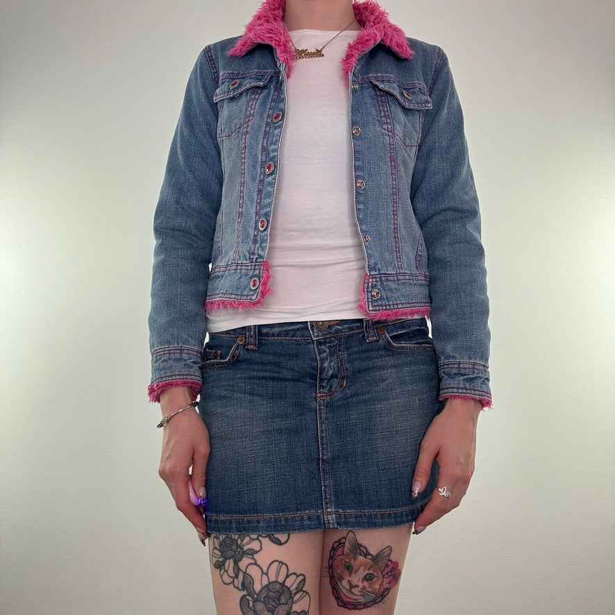 Y2K vintage denim pink faux fur rhinestone denim jacket