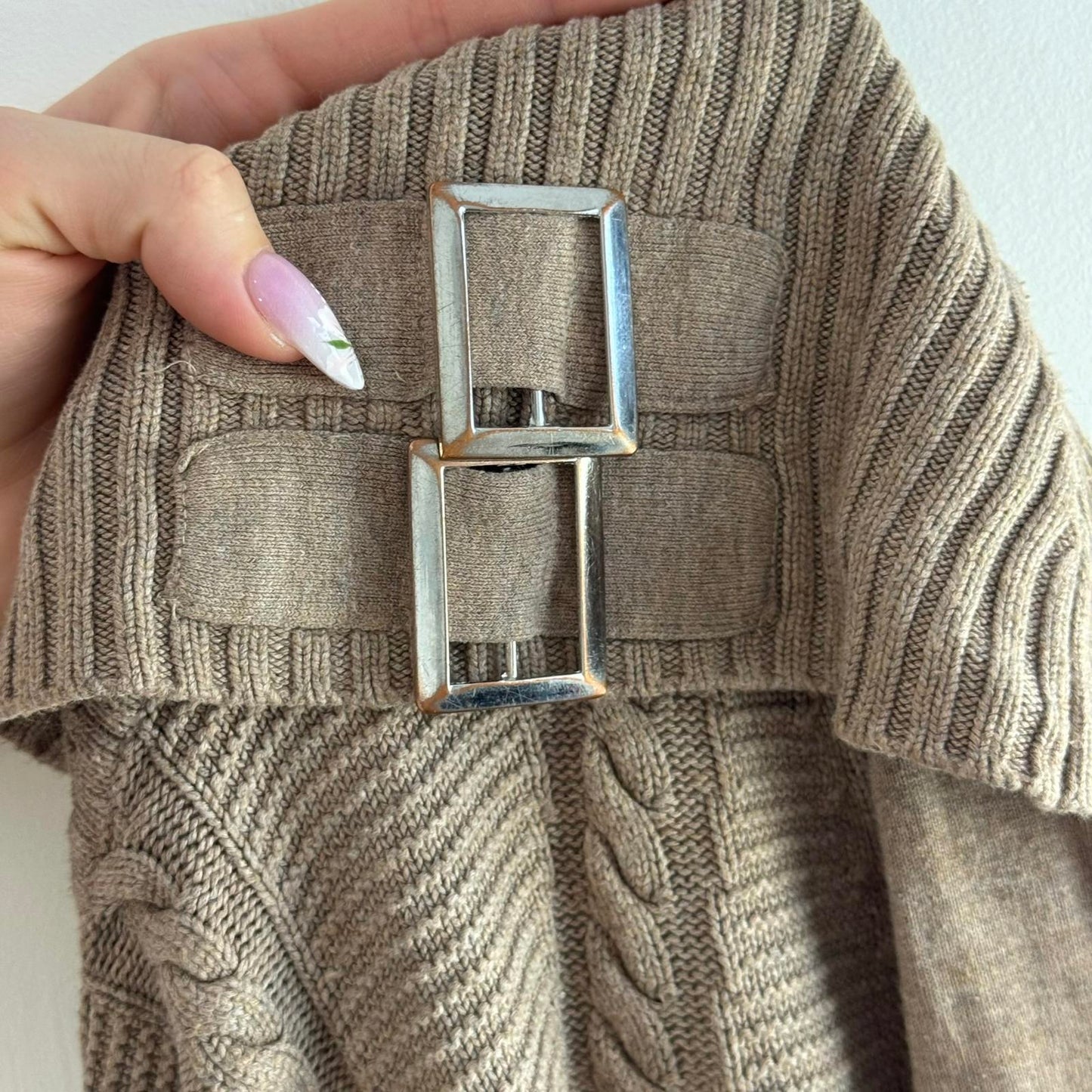 Vintage Jane Norman off the shoulder bardot fine knit jumper buckles cable beige